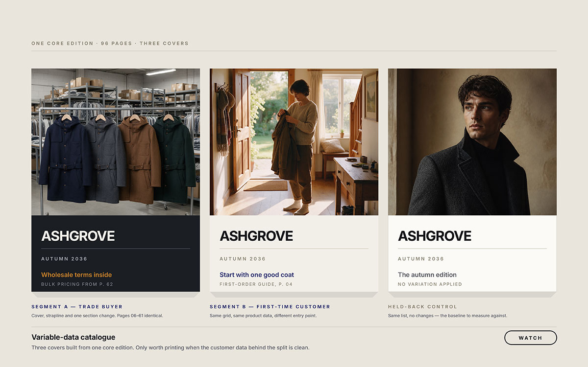 Three versions of an Ashgrove catalogue cover labelled trade buyer, first-time customer and held-back control, each with a different image and strapline