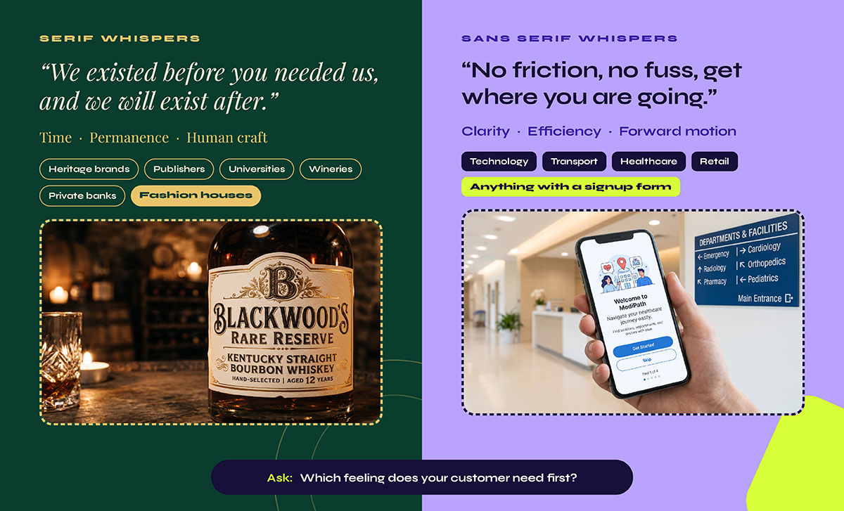 Comparison of serif and sans serif brand personality, with a whiskey label representing heritage brands and a healthcare app representing technology and clarity