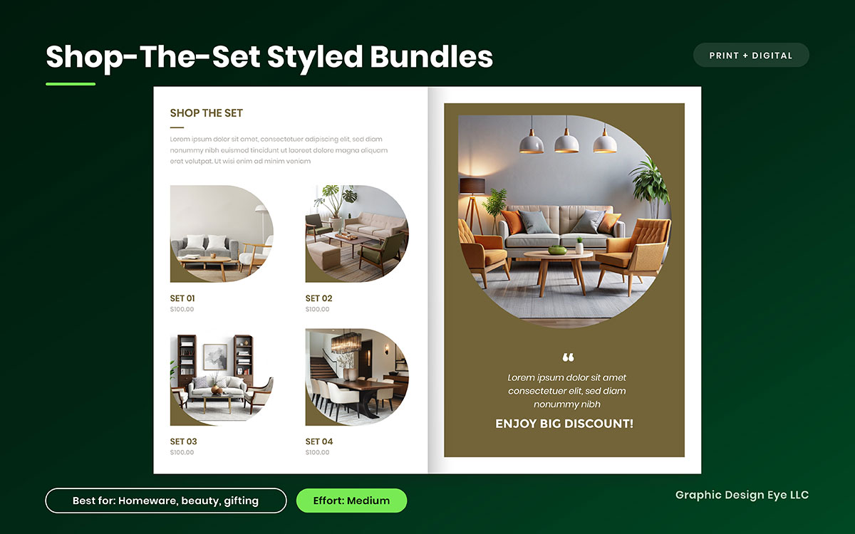 Catalog spread titled Shop the Set with four furnished room sets and prices beside a large living room photo and discount message