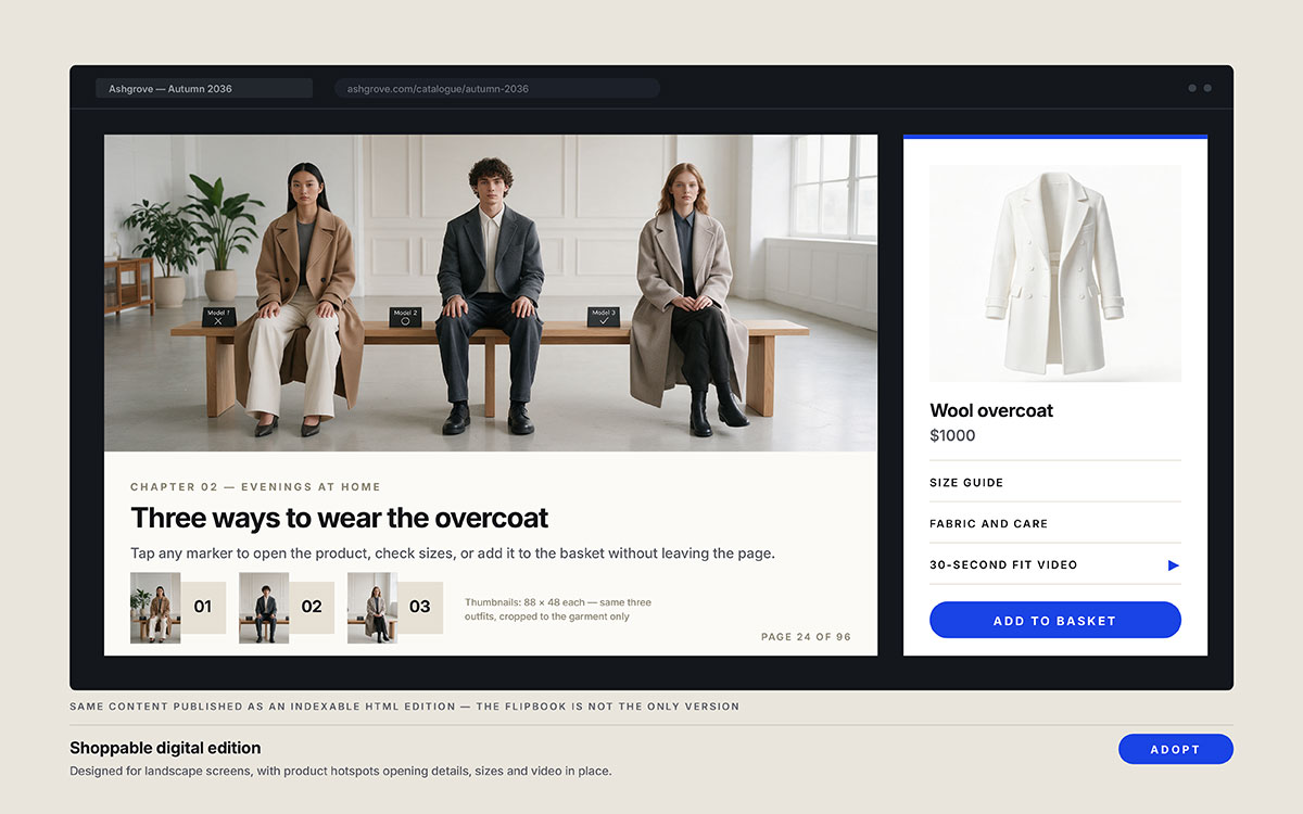 Digital catalogue page in a browser window showing three models on a bench with numbered hotspots and a product panel with an add to basket button