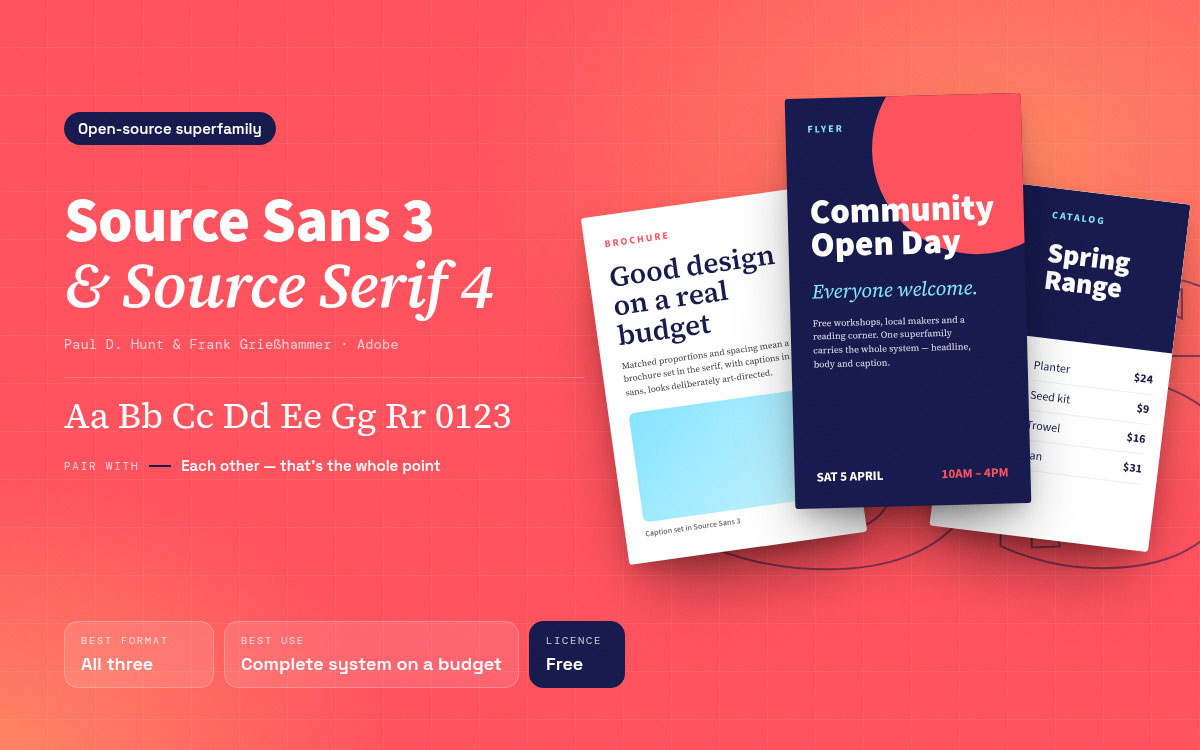 Source Sans 3 and Source Serif 4 specimen with a matching brochure, Community Open Day flyer and Spring Range catalog, best as a complete system on a budget