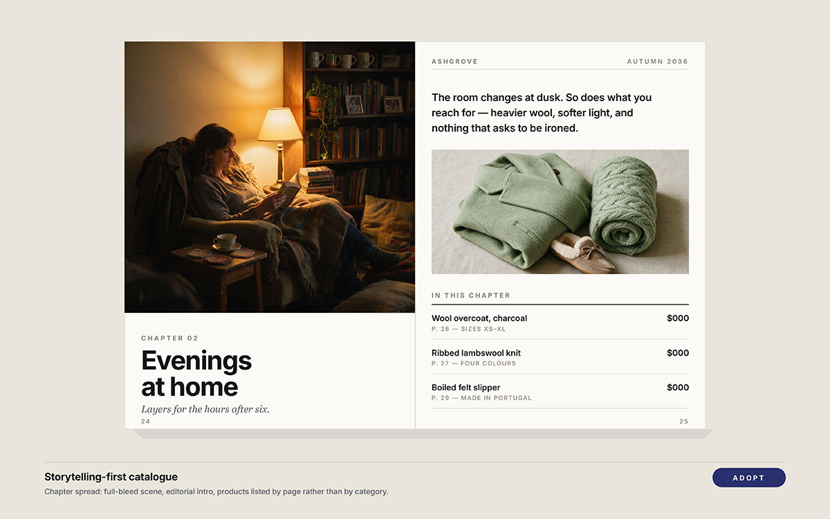 catalog chapter spread titled Evenings at Home with a warm lamplit reading scene and a facing page listing three products by page number