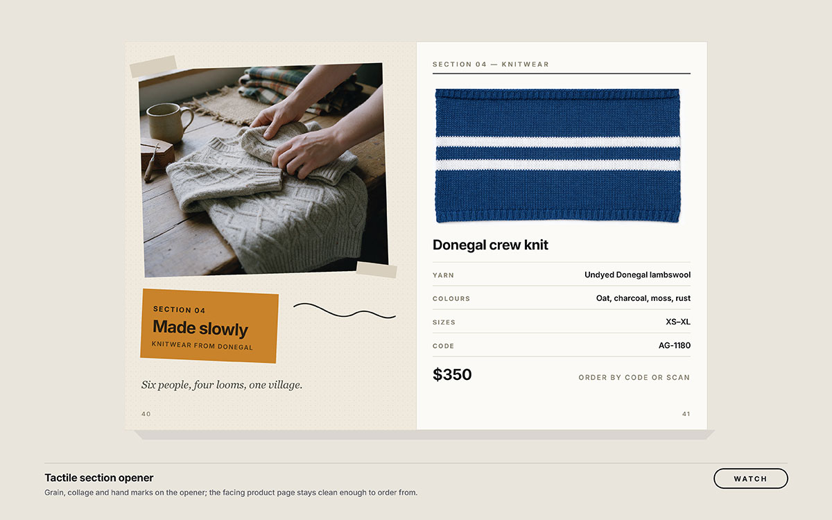 Catalog spread with a taped photograph of hands folding knitwear and a Made Slowly label, facing a clean product page for a Donegal crew knit