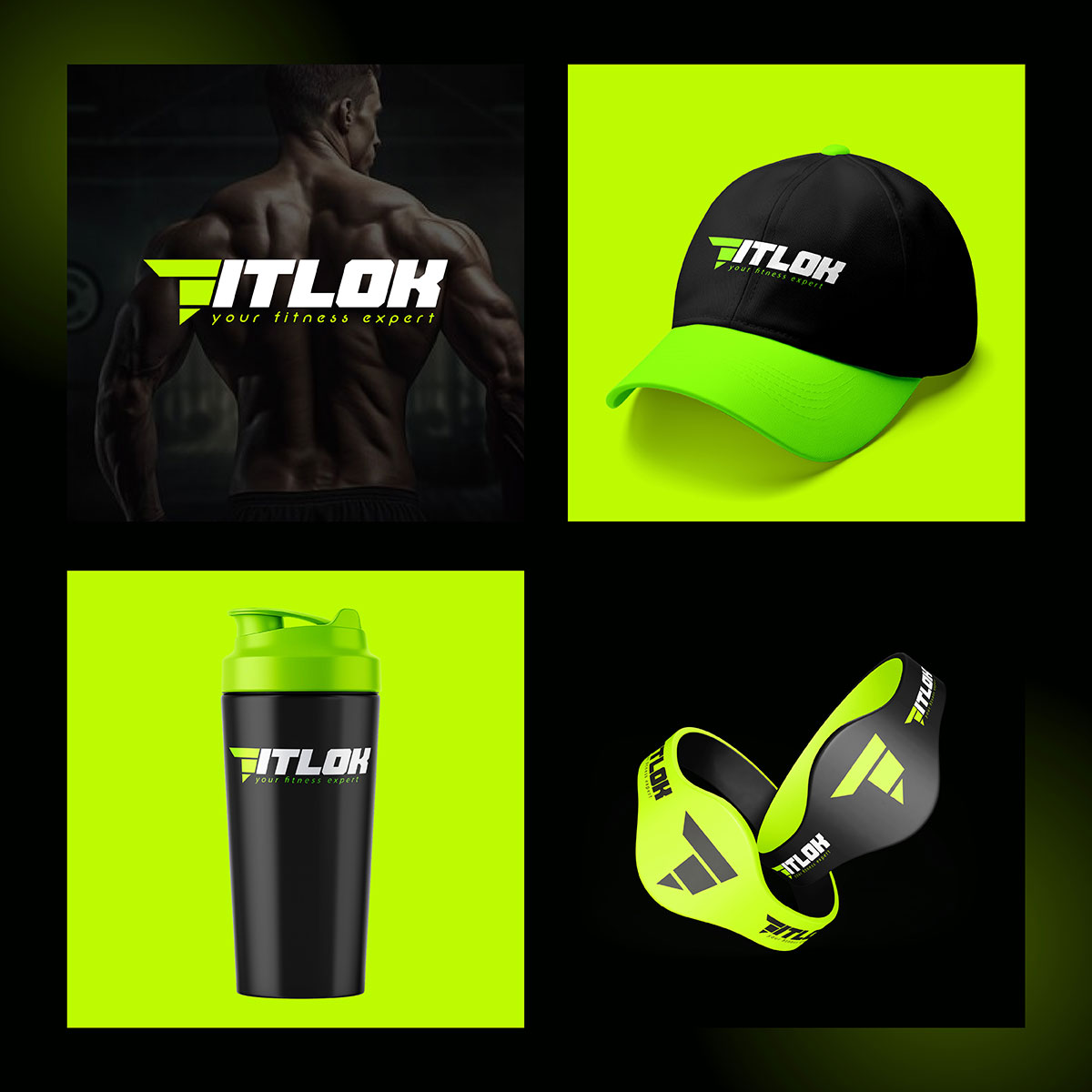 fitness brand merchandise design showing logo on black cap, shaker bottle and neon green headbands