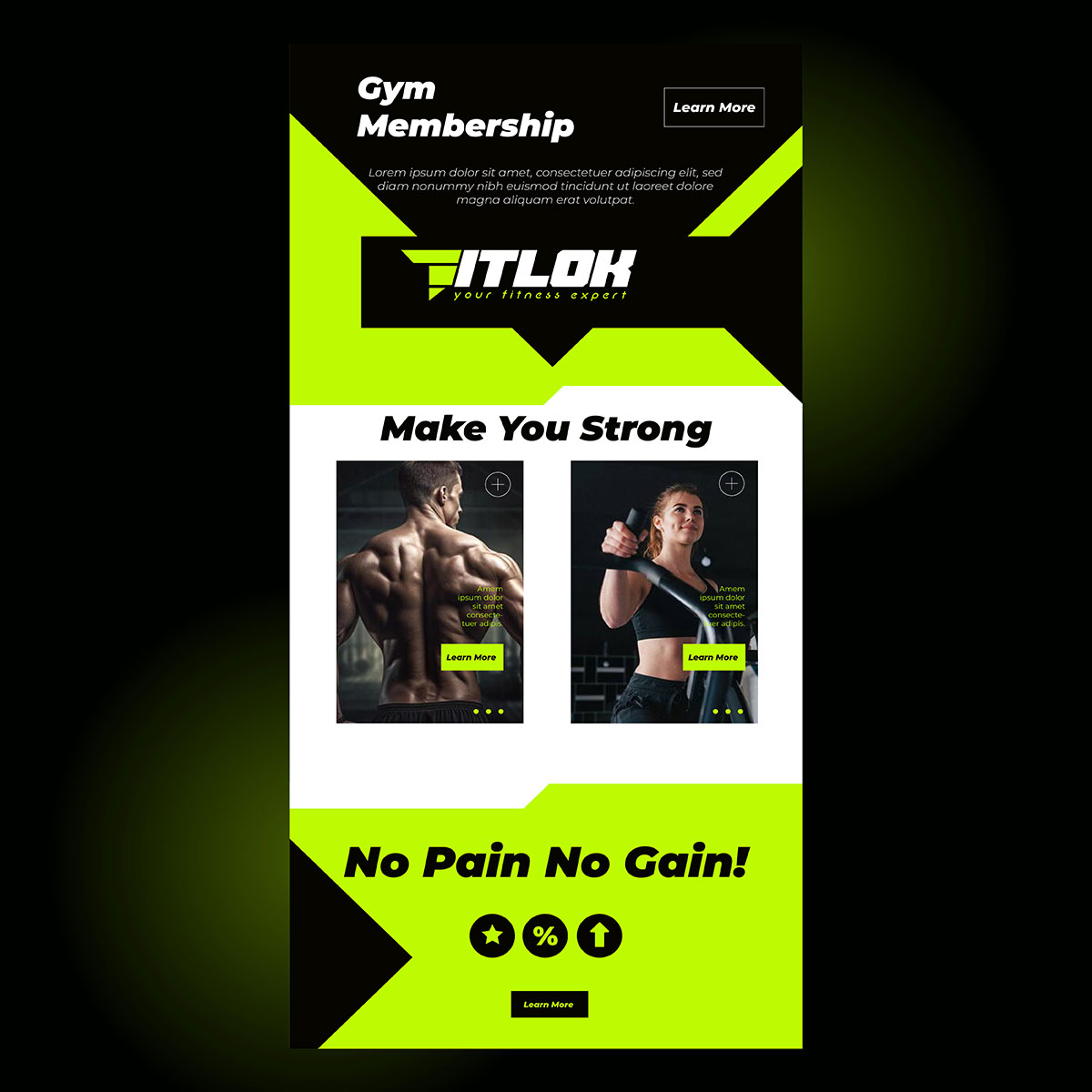 gym membership email newsletter design with black, white and neon green sections and training photo cards