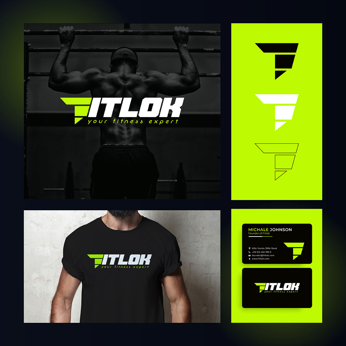 fitness logo brand identity design showing logo variations, printed t-shirt mockup and black business cards