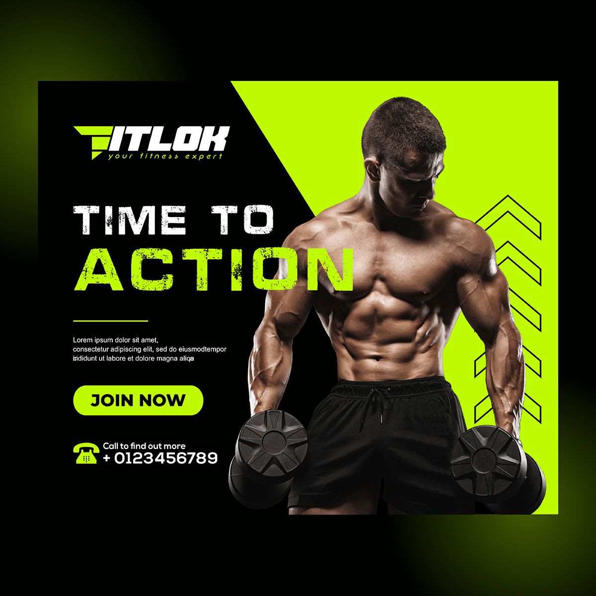 fitness social media ad design with diagonal neon green split, distressed headline and Join Now button