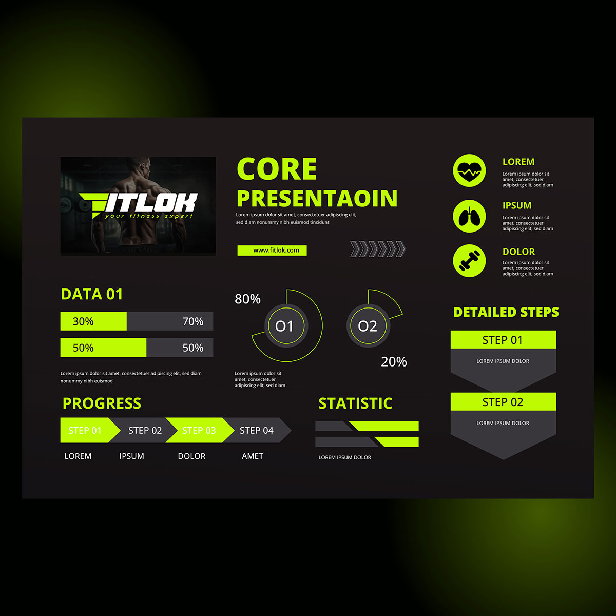 fitness brand presentation slide design with dark background, neon green charts, progress bars and icons