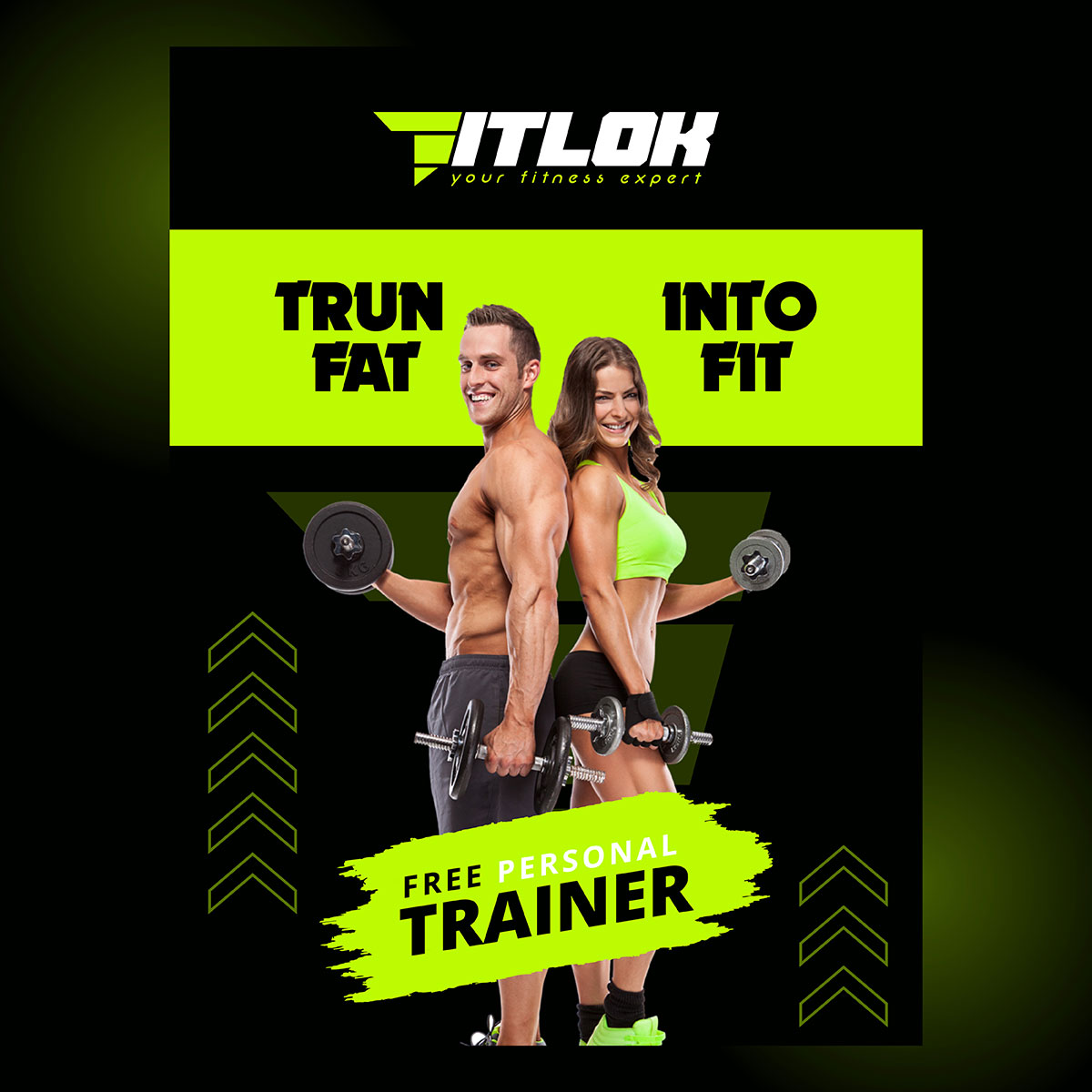 gym promotional poster design with neon green headline bar and two fitness models holding dumbbells